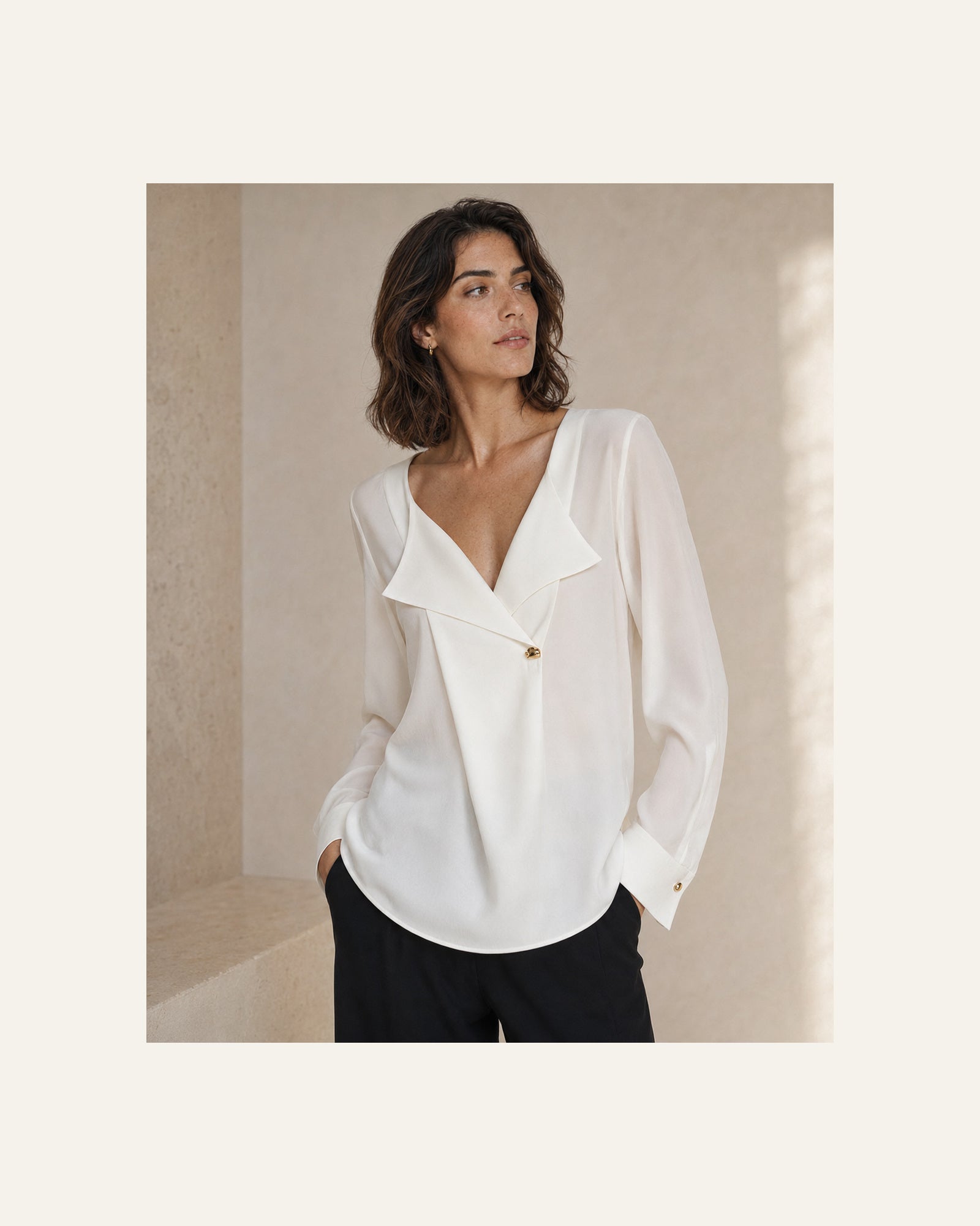 VELSÉE Women’s Mulberry Silk Layered-Lapel Blouse – Ivory Long-Sleeve Draped V-Neck Top