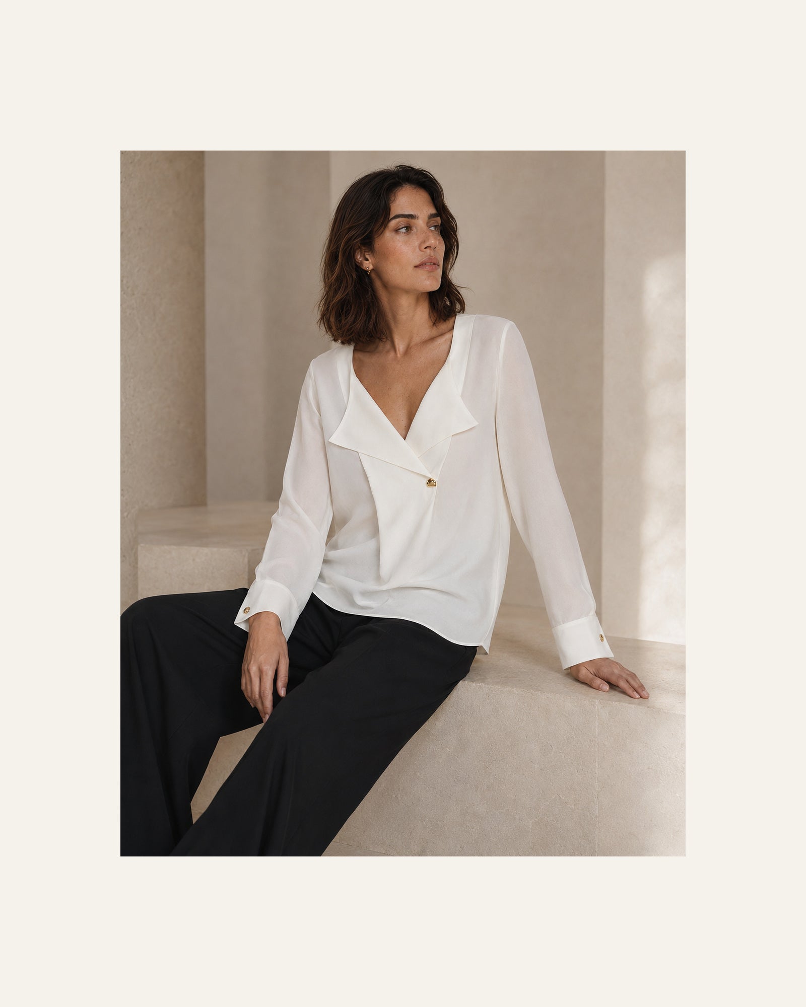 VELSÉE Women’s Mulberry Silk Layered-Lapel Blouse – Ivory Long-Sleeve Draped V-Neck Top