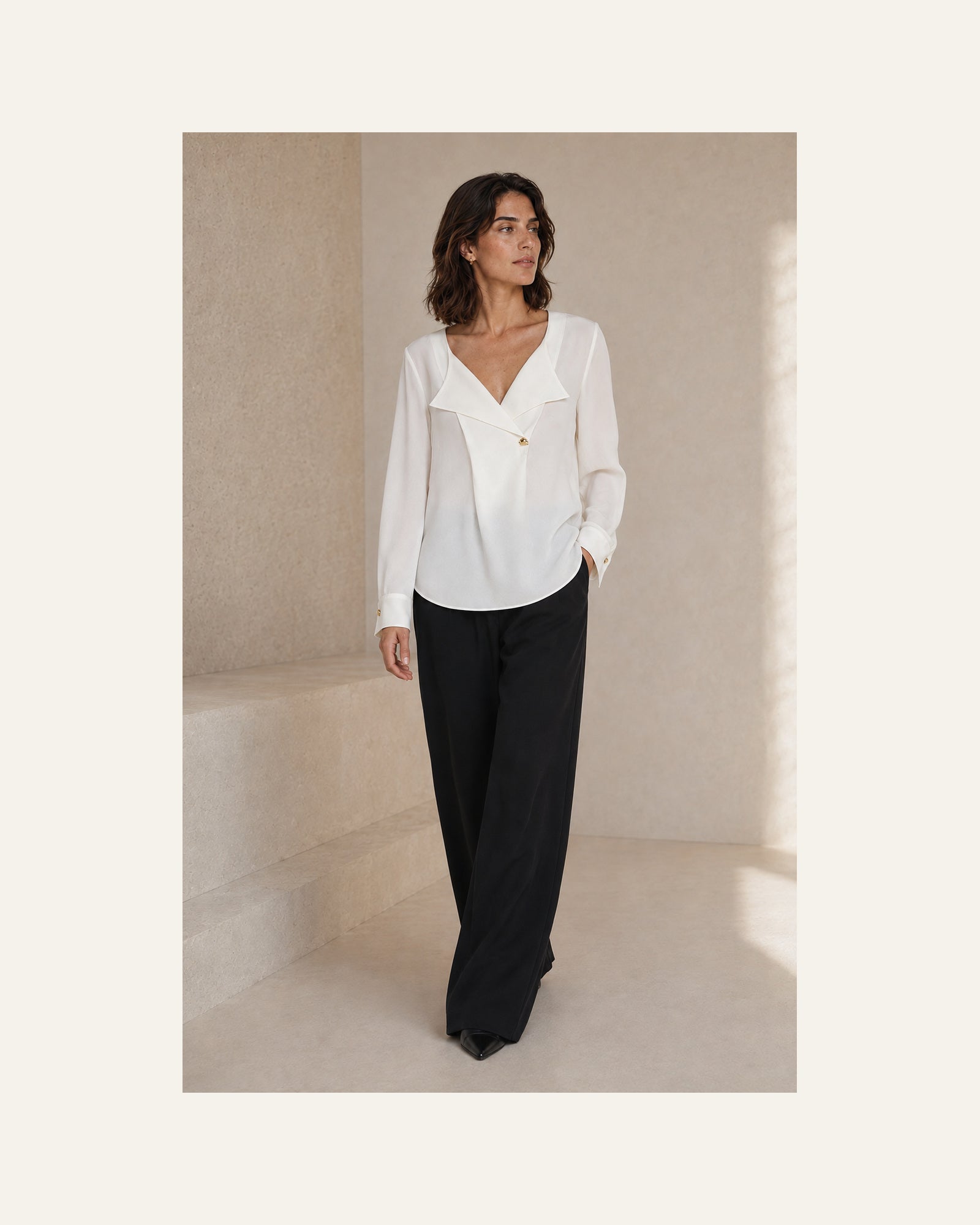 VELSÉE Women’s Mulberry Silk Layered-Lapel Blouse – Ivory Long-Sleeve Draped V-Neck Top