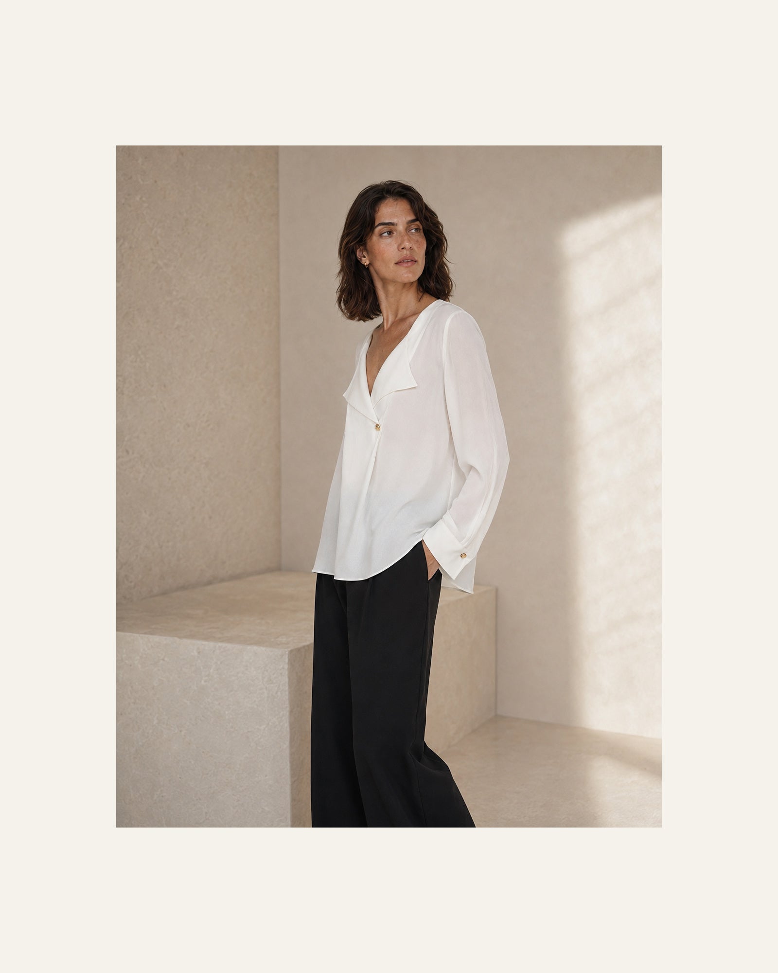 VELSÉE Women’s Mulberry Silk Layered-Lapel Blouse – Ivory Long-Sleeve Draped V-Neck Top