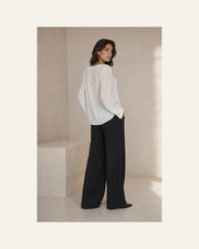VELSÉE Women’s Mulberry Silk Layered-Lapel Blouse – Ivory Long-Sleeve Draped V-Neck Top