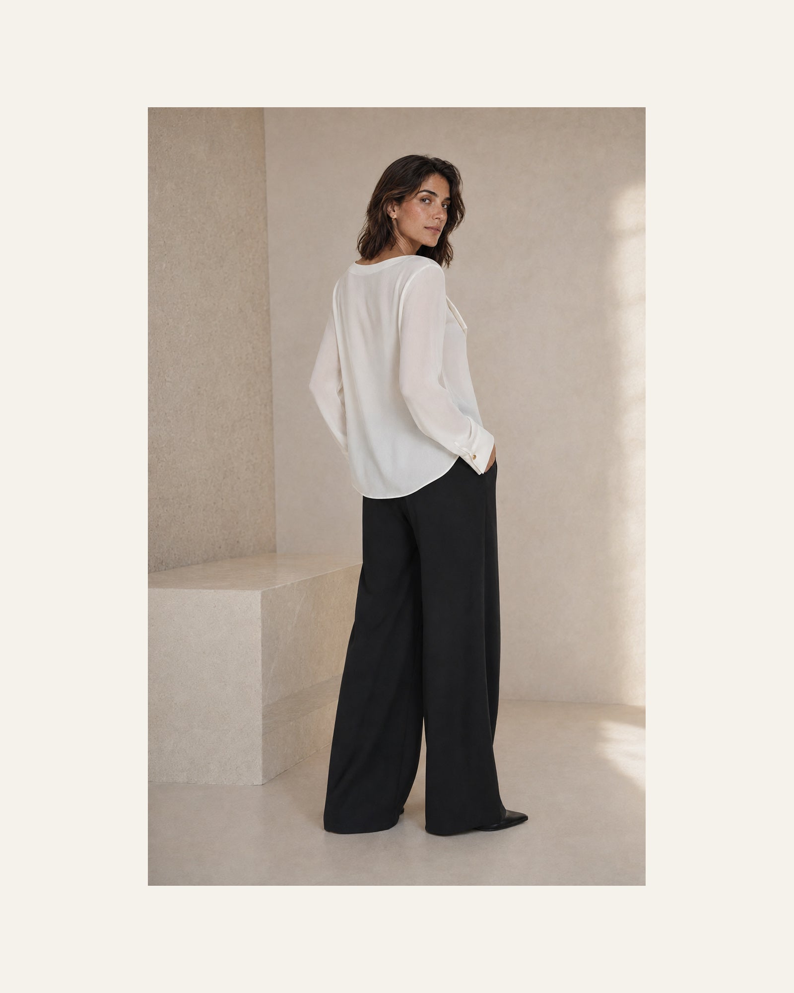 VELSÉE Women’s Mulberry Silk Layered-Lapel Blouse – Ivory Long-Sleeve Draped V-Neck Top
