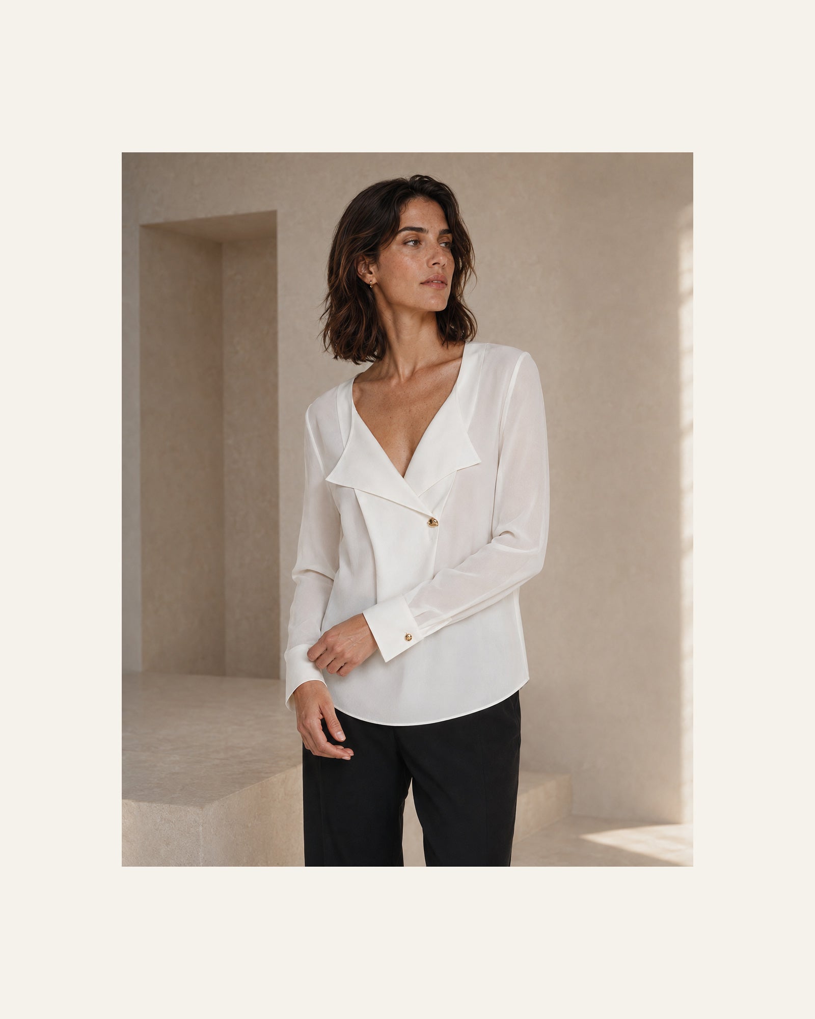 VELSÉE Women’s Mulberry Silk Layered-Lapel Blouse – Ivory Long-Sleeve Draped V-Neck Top