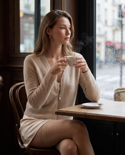 Pure cashmere pearl-zip cardigan styled at a cafe